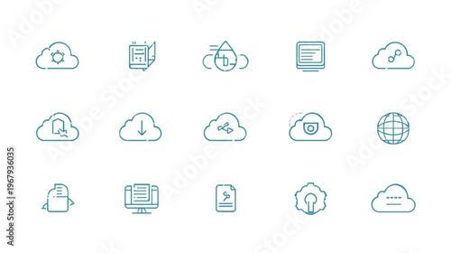 A set of cloud computing icons in a flat, minimalist design style