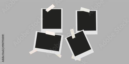 Set of realistic photo frame layouts displayed on grey background. Collection of vintage postcards. Mockup of photo frames with highlighted shadow