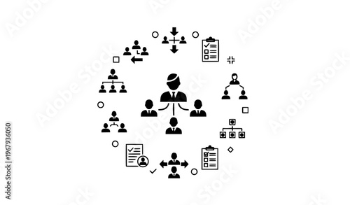 Delegation management icons in circular layout black flat vector set with team coordination and task distribution concept