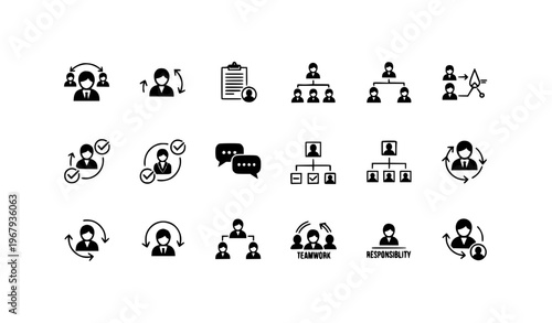 Delegation and management icon set black silhouette vector with team leadership workflow and business organization symbols