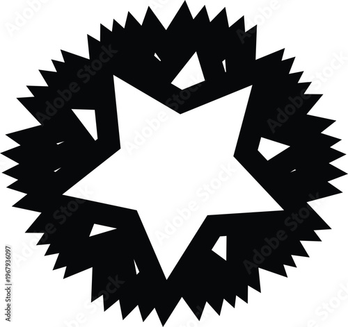 Hand-cut paper star silhouette vector, black jagged circular frame with star cutout, rustic folk art decorative element for holiday crafts