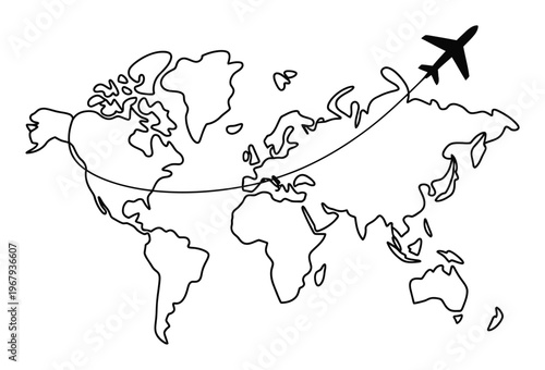 Airplane flying across a simplified map with a flight path