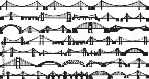 Collection of various bridge silhouettes in black and white