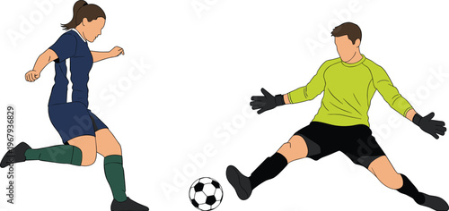 Cartoon illustration of soccer players in action showing offensive kick and goalkeeper block symbolizing sport, competition and athletic strategy
