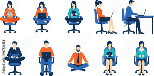Cartoon illustration of ten office workers using laptops, tablets and meditating in chairs showing workplace styles, technology and mindfulness
