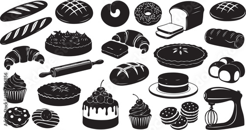 Black and white bakery icons and sweet treats collection