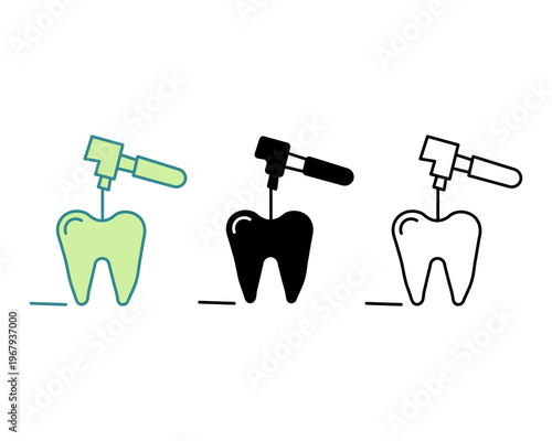 Professional Dental Drill and Tooth Icon Set. Silhouette, Line Art, and Two Tone.