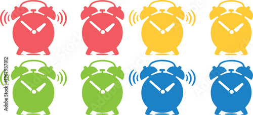 Vibrantly colored alarm clock vector icons, a set of 8 ringing and silent timepieces, perfect for scheduling and notification graphics, isolated on white background.