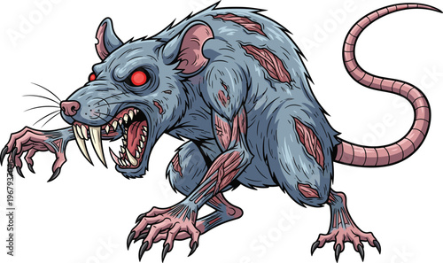 Grotesque monstrous rat creature with glowing red eyes, sharp fangs, claws, decayed zombie appearance for horror fantasy post‑apocalyptic artwork
