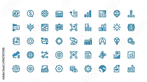 A collection of blue vector icons representing business and technology concepts