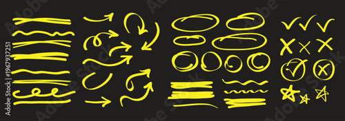 Modern highlight underline and arrow collection with highlight marker effect  dynamic underline and arrow on paper  colorful highlight marker shapes and pen lines.