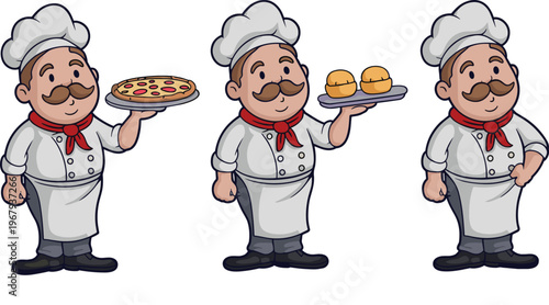 Cartoon chef character set holding pizza and burgers, professional cook mascot vector illustration isolated on white background