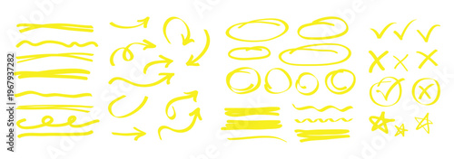 Dynamic highlight and marker show arrow and line, highlight and marker energize design. arrow and line move on paper around circle, shape, pen, underline