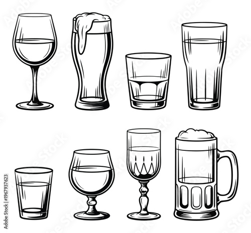 Collection of Various Drink Glasses and Mugs in Black and White