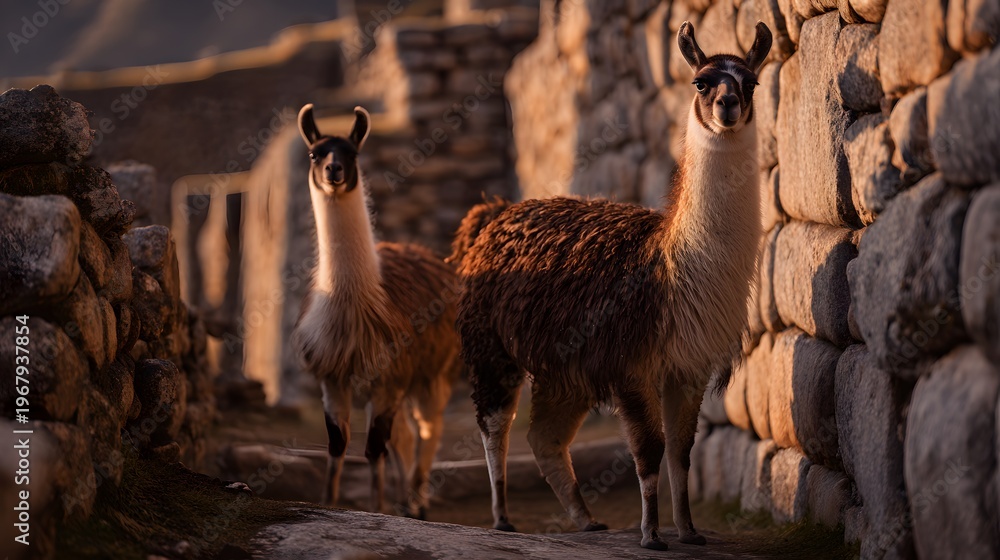 Naklejka premium Serene llamas graze amidst ancient Inca ruins bathed in warm morning light tranquility