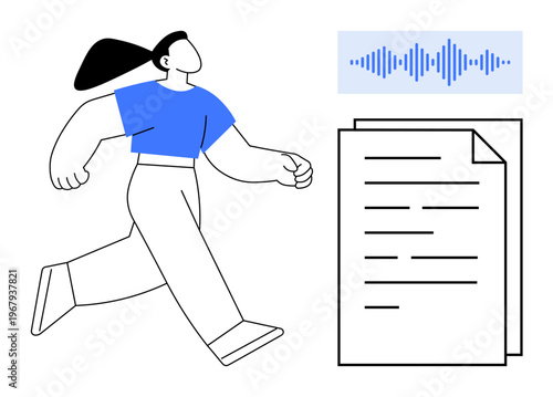 Voice recognition technology. a person and an audio waveform linked to a document, voice recognition technology application in transcription and automation. Perfect for AI, business, media