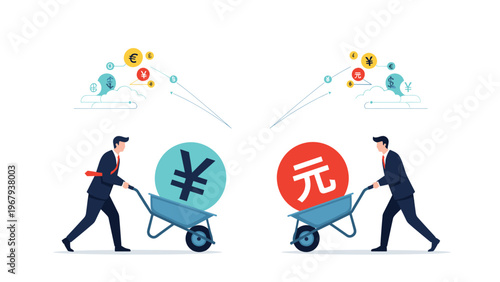Two businessmen push blue wheelbarrows carrying giant Yen and Yuan currency symbols representing trade and economy.