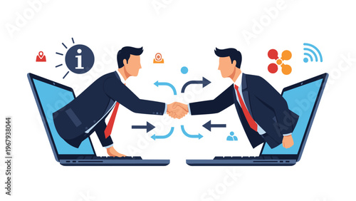 Two businessmen shake hands as they emerge from their laptop screens during a successful remote business deal.