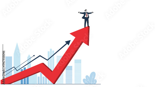 Successful businessman stands triumphantly at the tip of a massive rising red arrow above a modern city urban landscape.