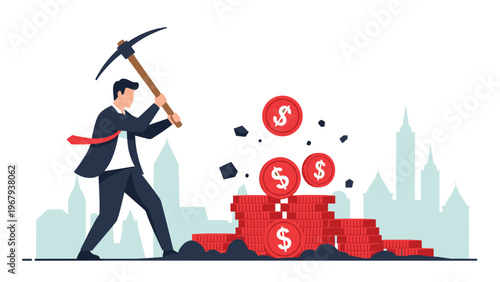 Professional businessman uses a heavy pickaxe to mine for large red dollar coins in front of a city skyline background.