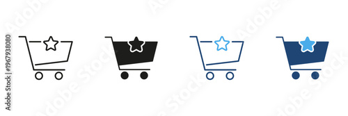 Shopping Cart With Star Line And Solid Icon Set. E-Commerce, Favorite Products, And Online Shopping Experience Outline And Silhouette Symbol. Retail And Customer Choice. Isolated Vector Illustration