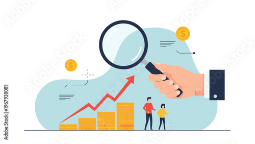 Giant hand with a magnifying glass examines a small family and a rising growth chart representing financial scrutiny.