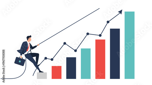Determined businessman pulls himself up a steep rising bar chart using a rope representing hard work and grit.