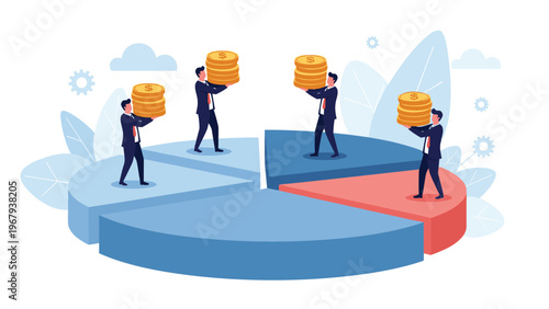 Diverse group of business people standing on different segments of a large pie chart while holding big stacks of gold coins.