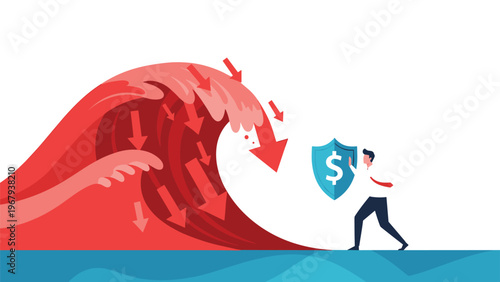 Brave businessman using a dollar sign shield to protect himself from a giant crashing wave of downward pointing red arrows.