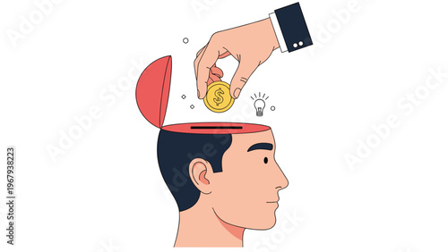 Hand inserting a gold dollar coin into a slot in the top of a human head as a symbol for investing in education and skills.