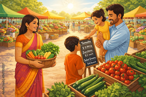 South Asian Family Shopping at Outdoor Farmers Market Vector Illustration