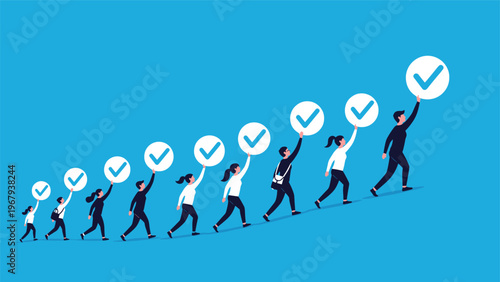 Group of business people carrying large white checkmark icons while walking up a curved path toward success and goals.