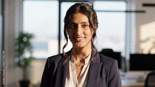 Confident professional woman smiling in modern office setting