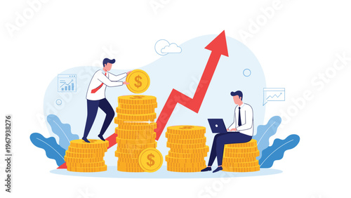 Businessman building a stack of gold coins while a colleague works on a laptop to analyze financial data next to a rising arrow.