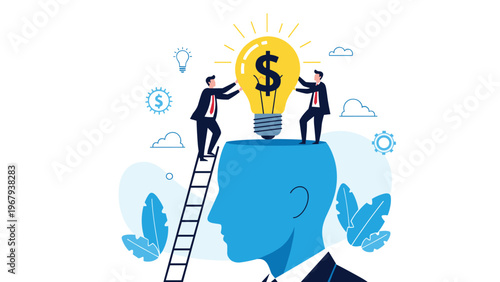 Two businessmen on a ladder placing a giant light bulb with a dollar sign into a human head representing a creative idea.