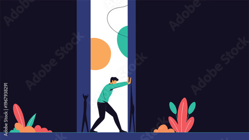 Determined man pushing open a heavy dark wall to reveal a bright and colorful path toward freedom, success, and new beginnings.