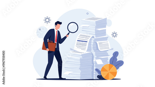 Professional businessman using a magnifying glass to carefully inspect a huge stack of paperwork in a busy office setting.