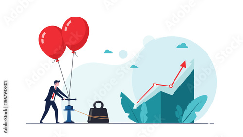 Businessman using a pump to inflate red balloons that are lifting a heavy weight next to a successful growth chart.