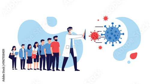 Dedicated doctor in a mask and lab coat shielding a group of people from large floating virus particles in a blue sky.