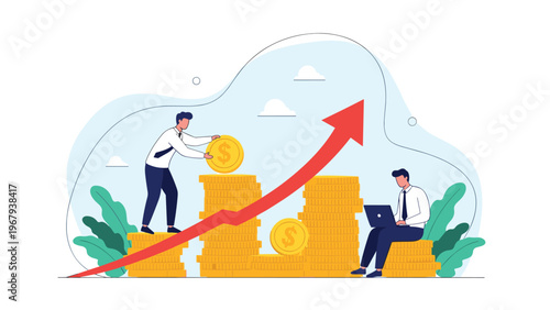 Two business partners building stacks of gold coins along a rising red arrow path toward financial success and wealth.