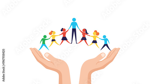 Two large hands holding a group of diverse and colorful people holding hands together in unity, protection, and support.