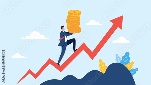 Businessman carrying a large stack of gold coins while walking up a rising red arrow path toward financial wealth and success.