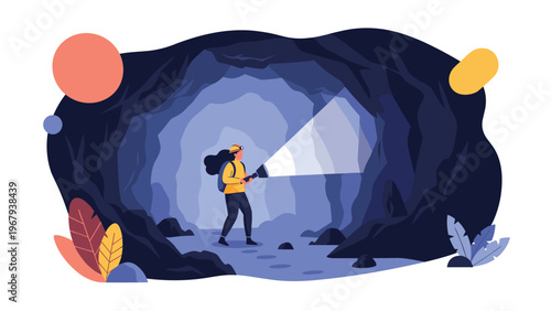 Explorer with a backpack and a flashlight walking through a dark cave to discover hidden treasures in an underground cavern.
