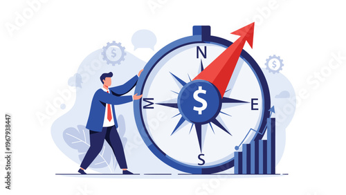Businessman pushing a giant compass with a dollar sign at the center toward success and financial growth on a chart.