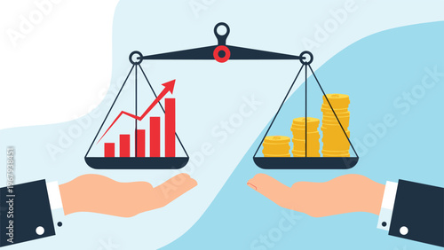Two large hands holding a balance scale with a business growth chart on one side and a stack of gold coins on the other.