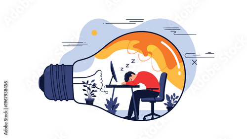Tired businessman sleeping at his desk inside a giant light bulb representing a lack of new creative ideas and exhaustion.