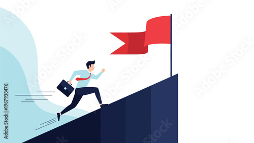 Businessman running up a series of dark blocks toward a red flag at the top of a peak representing victory and success.