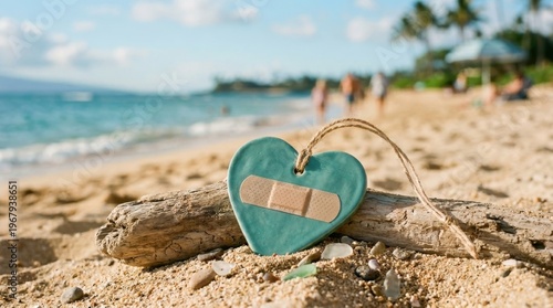 Teal heart-shaped token with bandage resting on driftwood on a sandy beach with blurred ocean and people in the background, symbolizing healing and recovery.