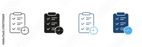 Checklist With Clock Icon Set. Task Management, Time Tracking, And Productivity Enhancement Outline And Silhouette Symbol Collection. Efficient Workflow Planning. Isolated Vector Illustration
