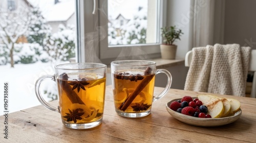 Two steaming glasses of spiced hot drink with cinnamon and star anise, served with fresh berries on a wooden table by a snowy window